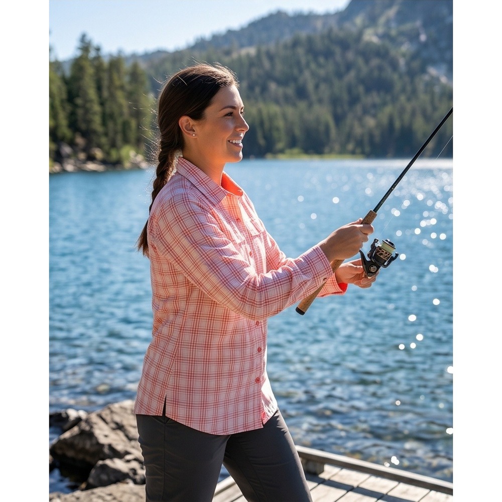 World Wide Sportsman XL Women Fishing Shirt Pink Plaid Long Sleeve Roll Tab NEW